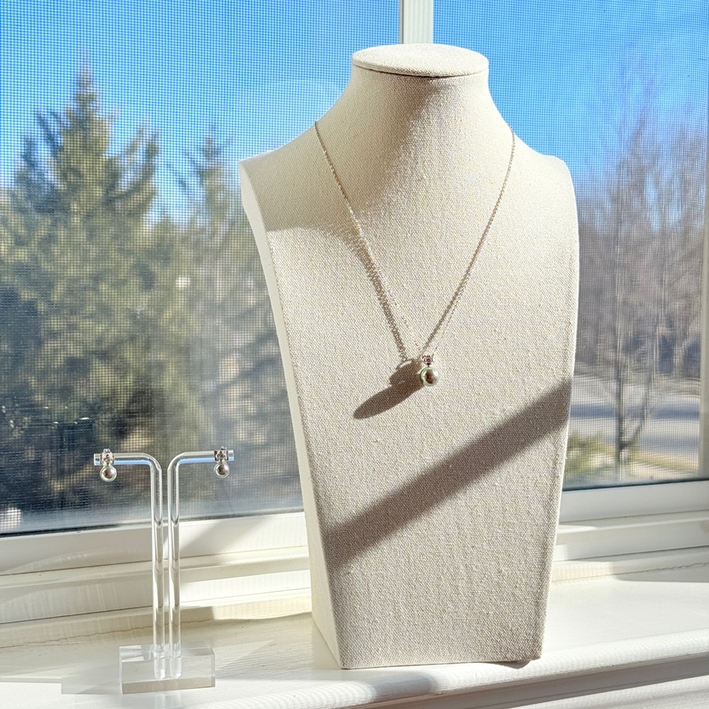 Majorica 9mm necklace + 7mm earring grey round pearl